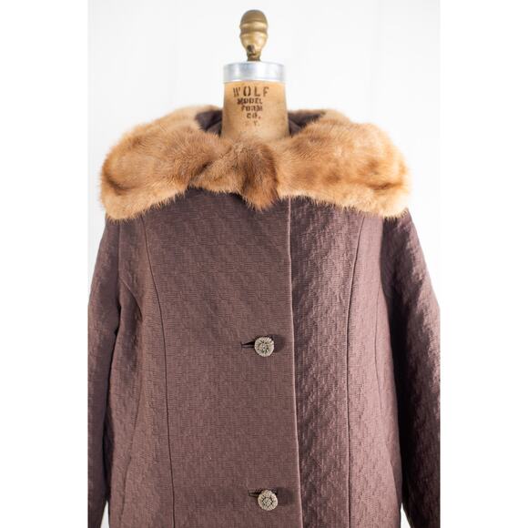 Vintage 60s Brown Wool Overcoat, Textured Coat Mink Fur Collar Glam Old Money, M - Picture 7 of 11